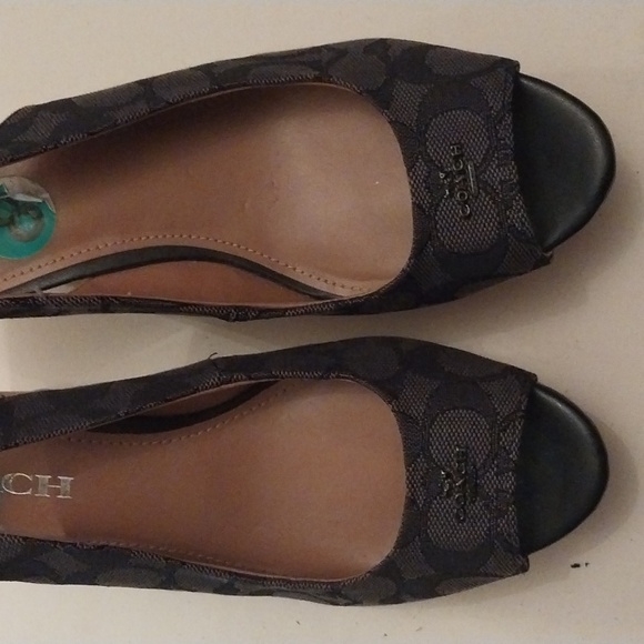 Coach Women's Sz 8B Ferry Black Sling Back Open Toe Sandal Wedge Monogram logo - Picture 5 of 7